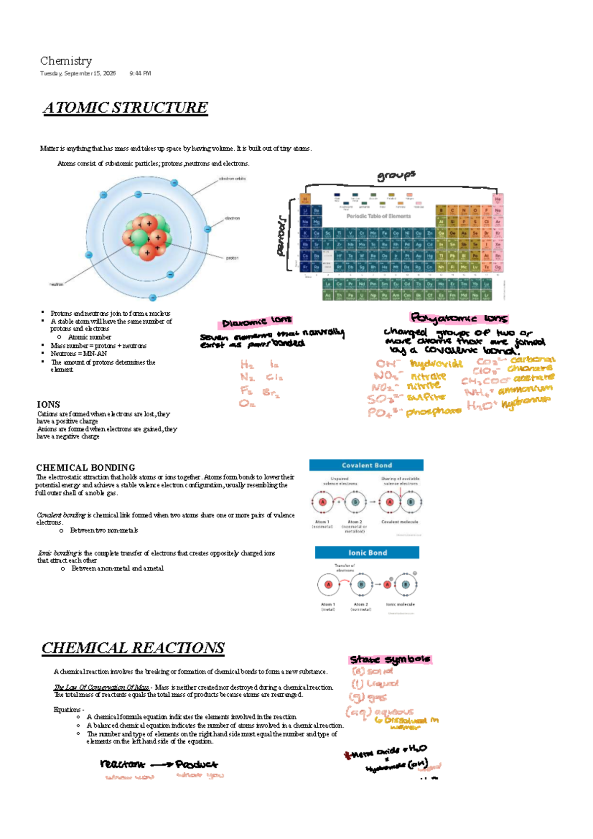 Chemistry 101: Atomic Structure and Chemical Reactions Notes - Studocu