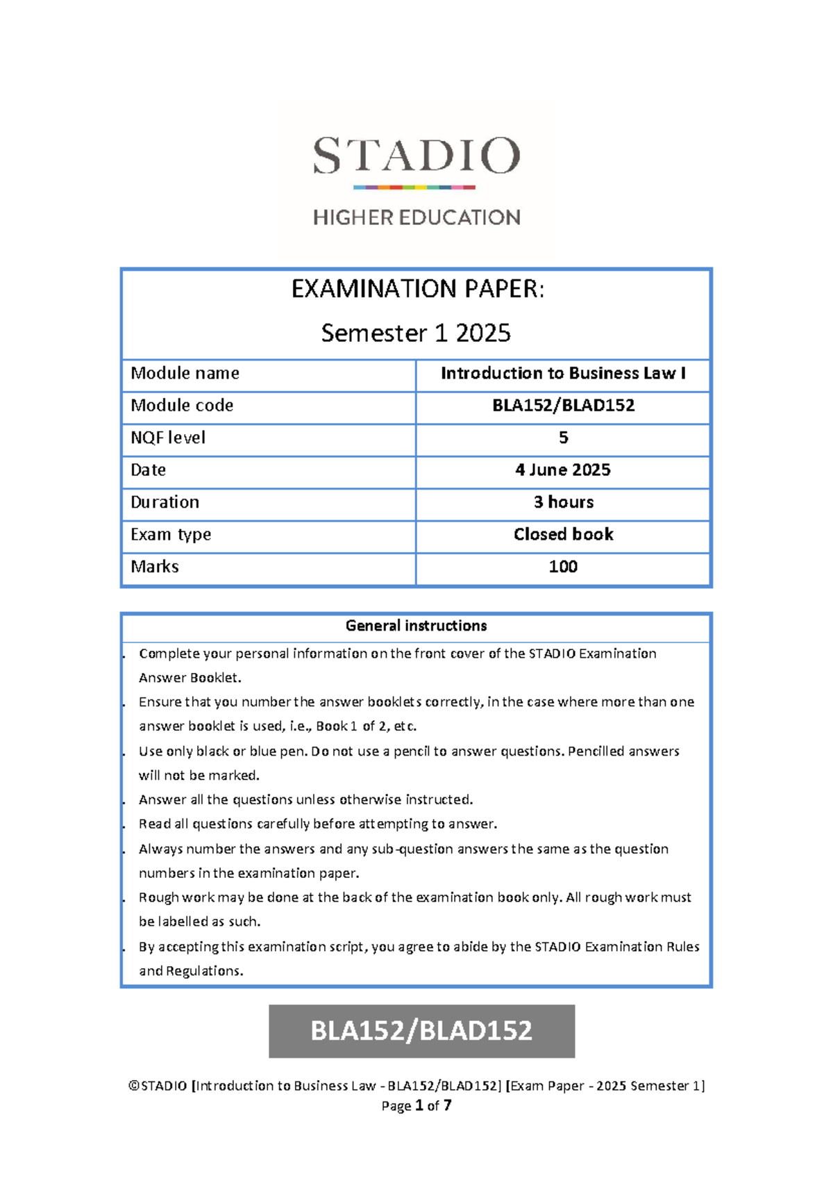 BLA 152: Introduction to Business Law I - 2025 Exam Past Paper - Studocu