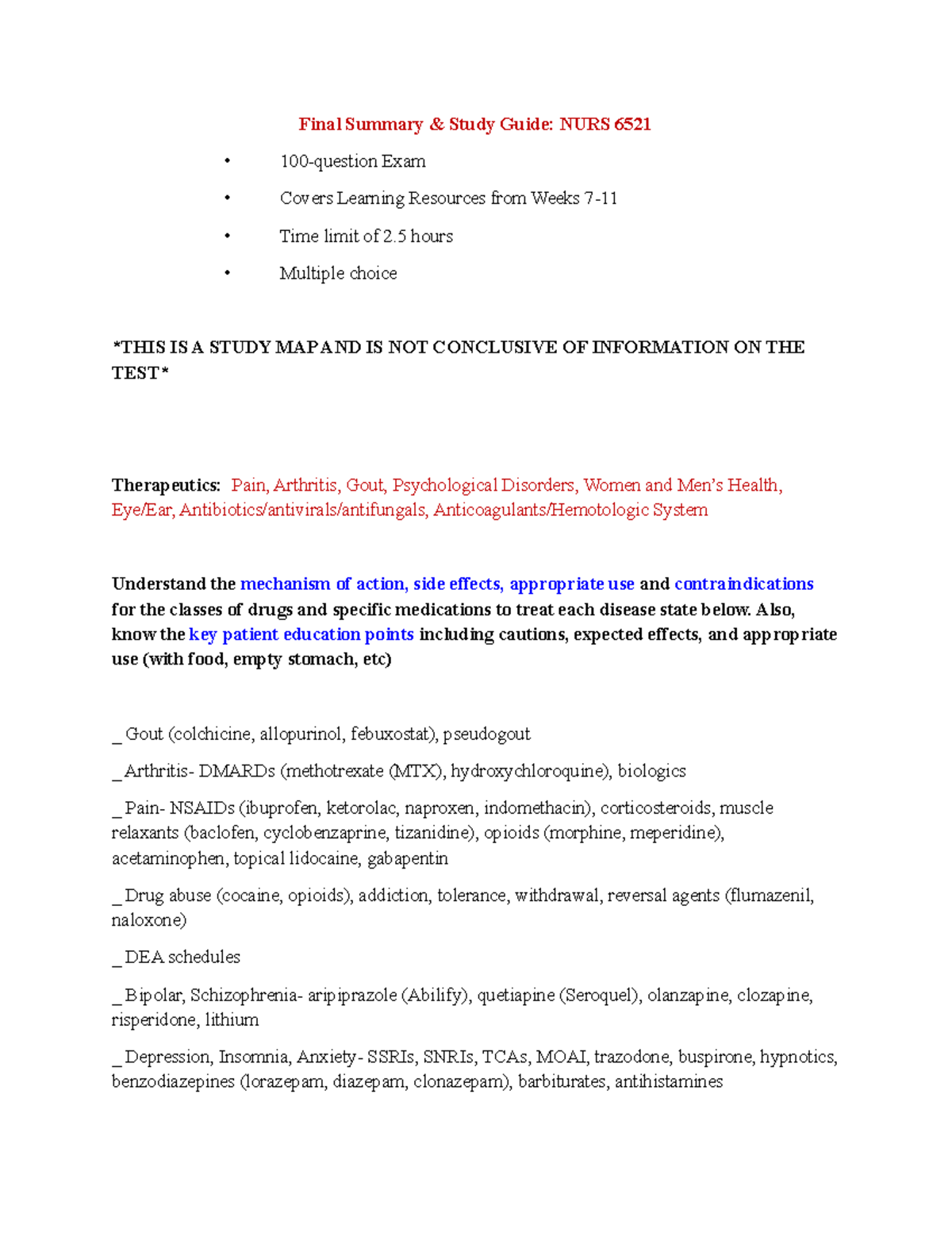 Final Exam Study Guide for NURS 6521: Key Drug Classes and Therapies ...