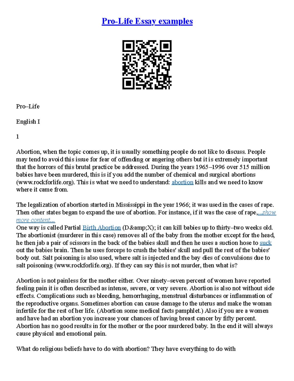 Argumentative Essay On Abortion Pro Life - Pro-Life Essay examples Pro ...