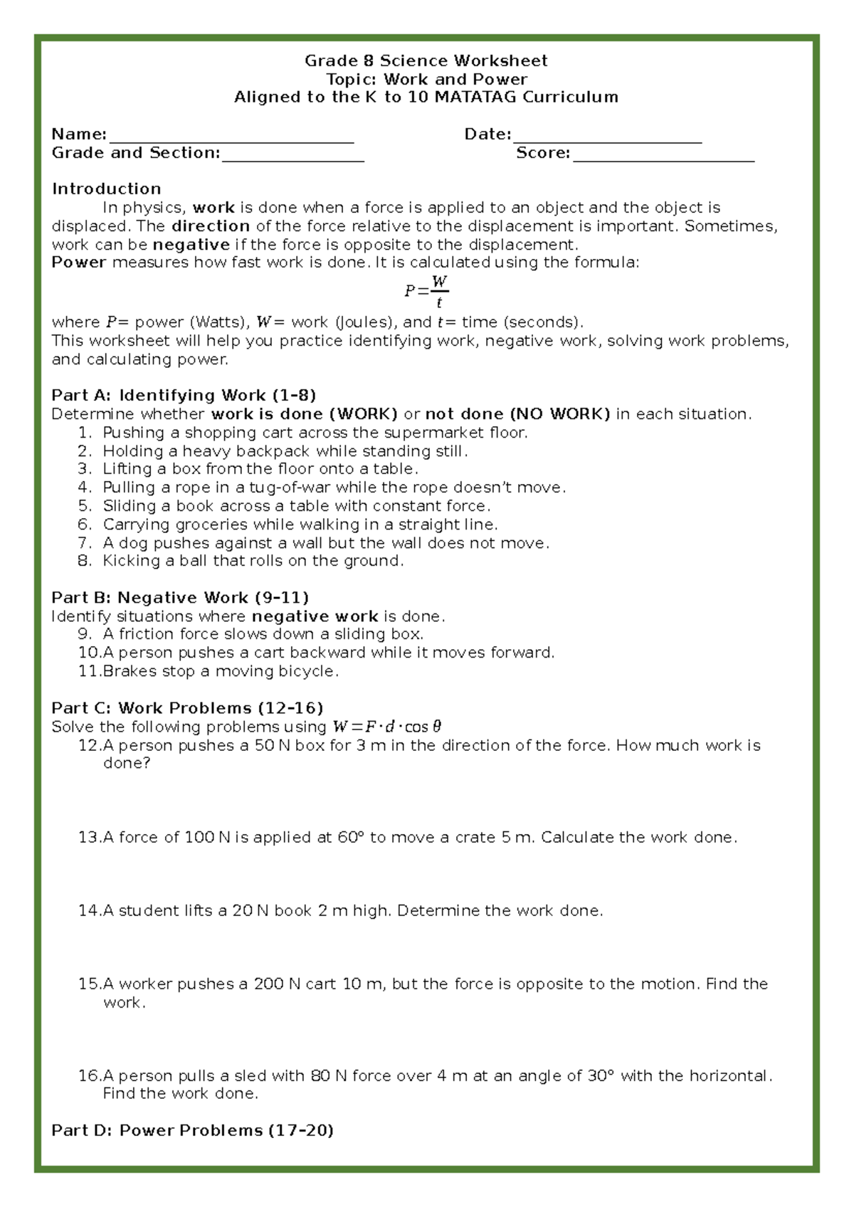 Grade 8 Science Worksheet: Work & Power (K to 10 MATATAG) - Studocu