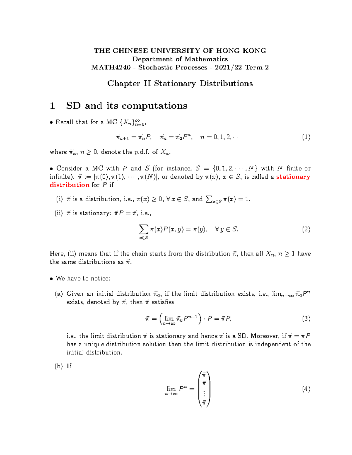 MATH4240 Stochastic Processes Term 2: Chapter II Notes on Stationary -  Studocu
