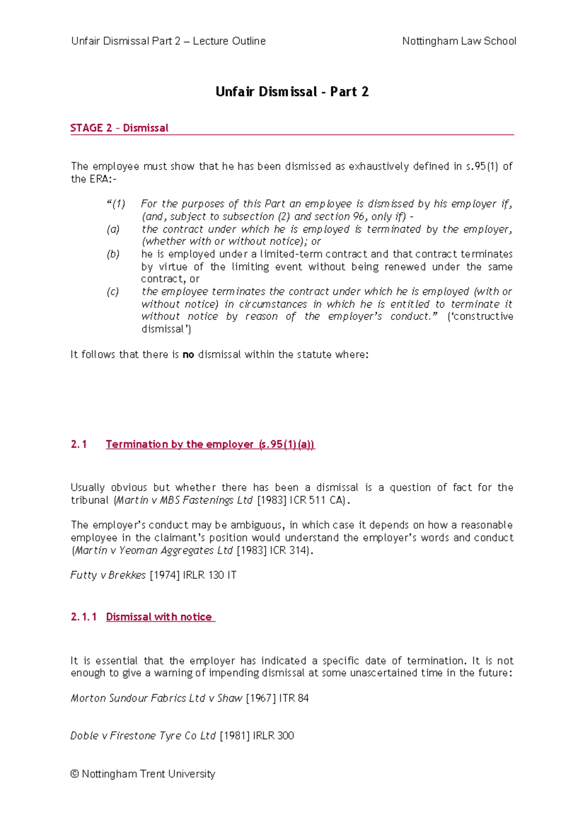 2324UD Unfair Dismissal - Stage 2 Analysis and Key Points - Studocu