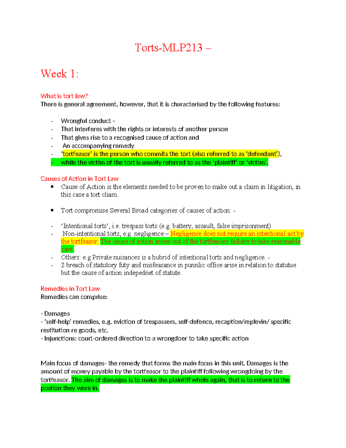 Torts Overview and Key Concepts - MLP213 Lecture Notes - Studocu