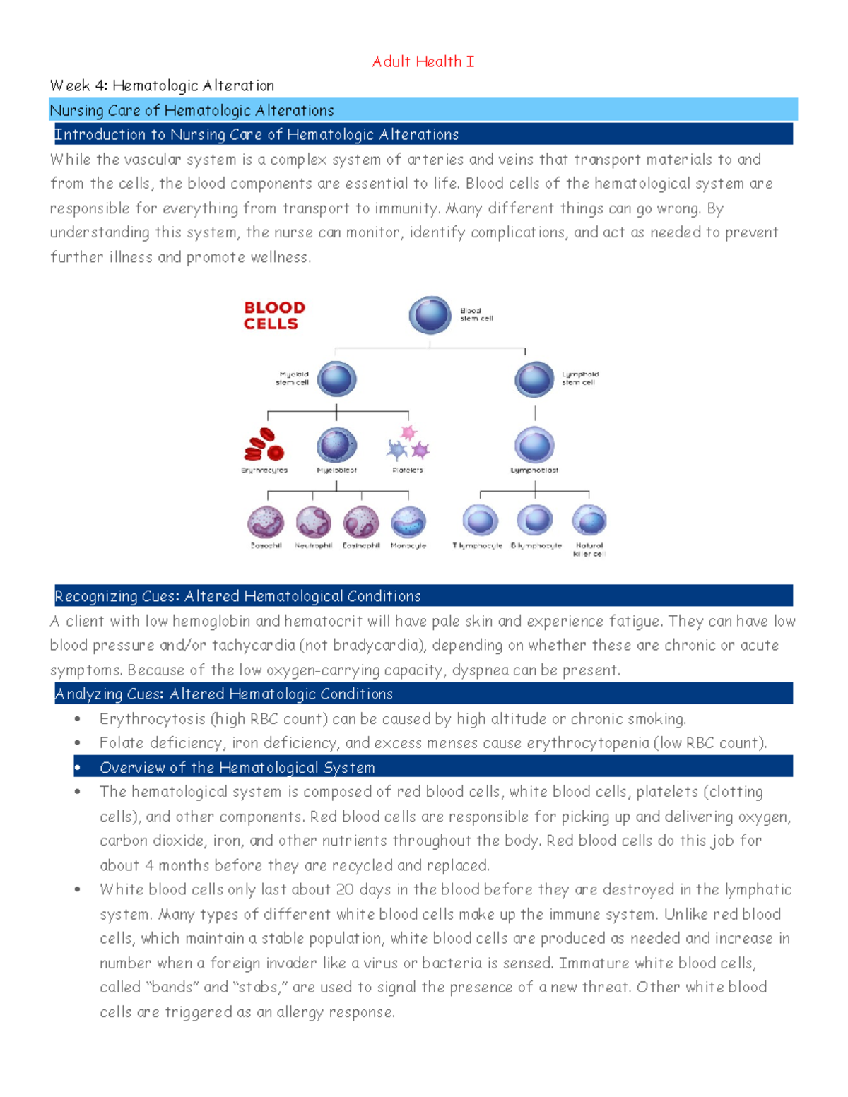 Adult Health I - Week 4: Nursing Care for Hematologic Changes - Studocu