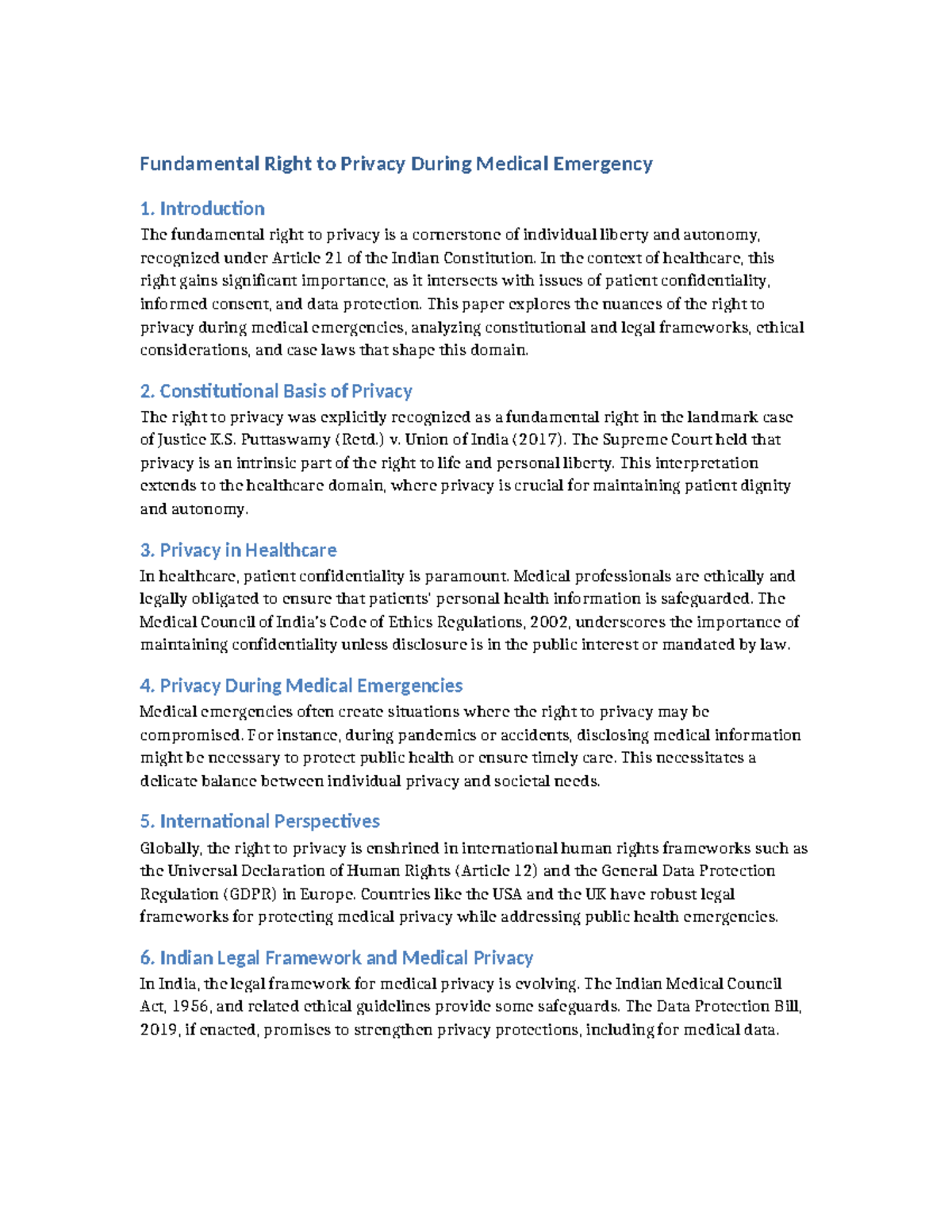 Fundamental Right to Privacy in Medical Emergencies: An Analysis - Studocu