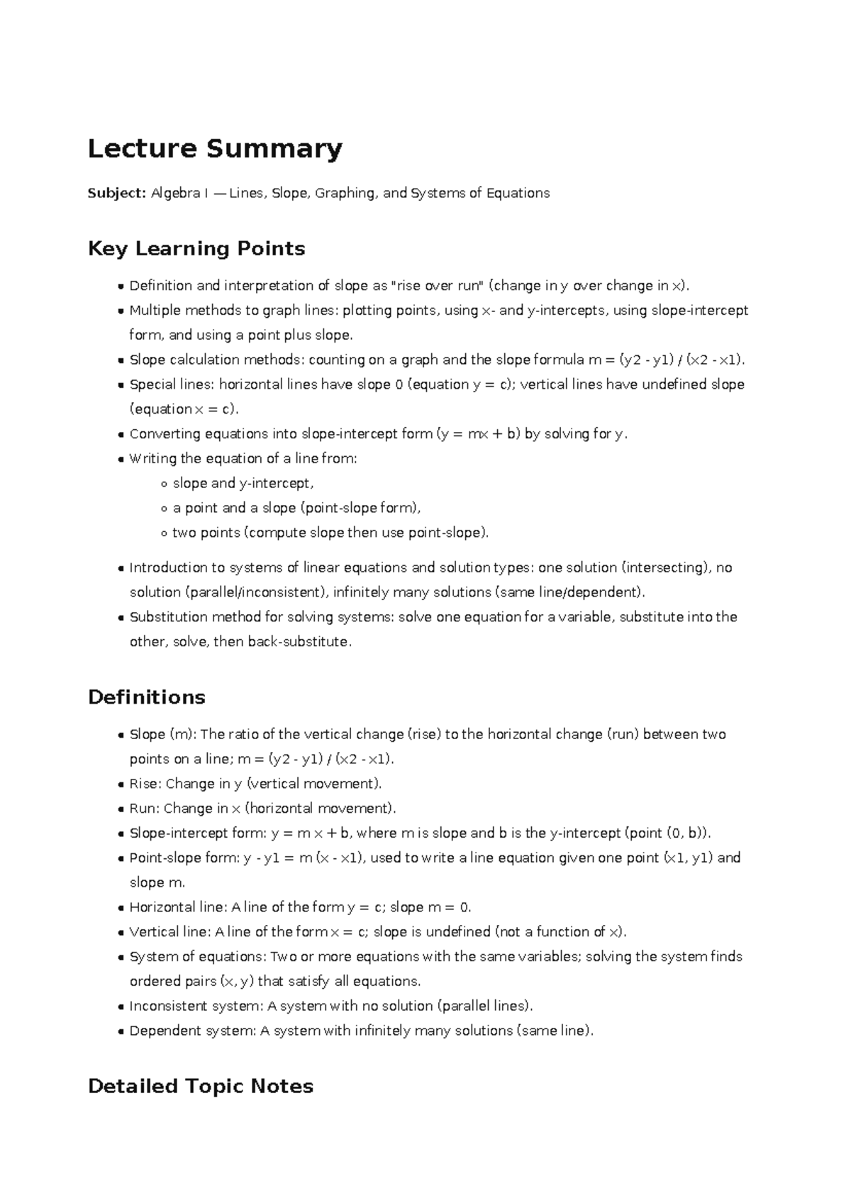 Algebra I Lecture Summary: Lines and Slope Concepts - Studocu