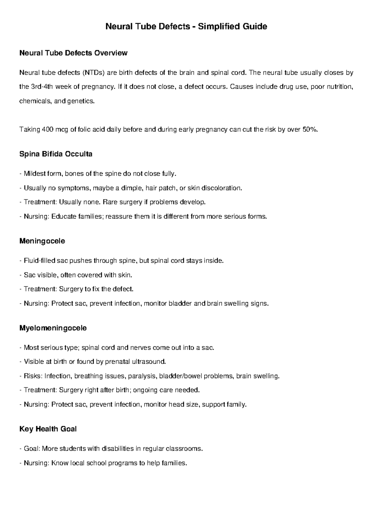 Neural Tube Defects Overview: A Simplified Nursing Guide - Studocu