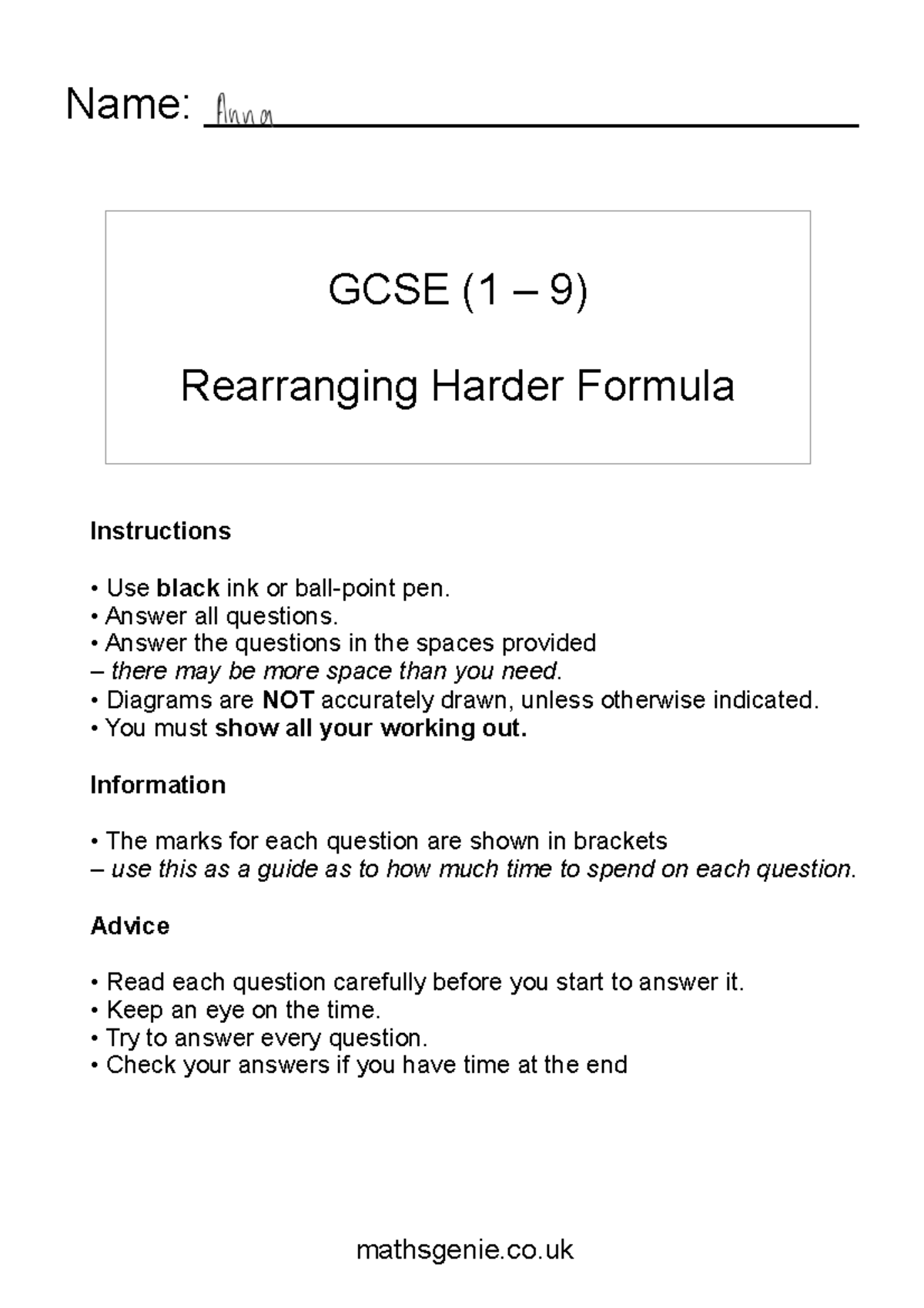 GCSE (1 9) Rearranging Harder Formula Instructions & Tips - Studocu