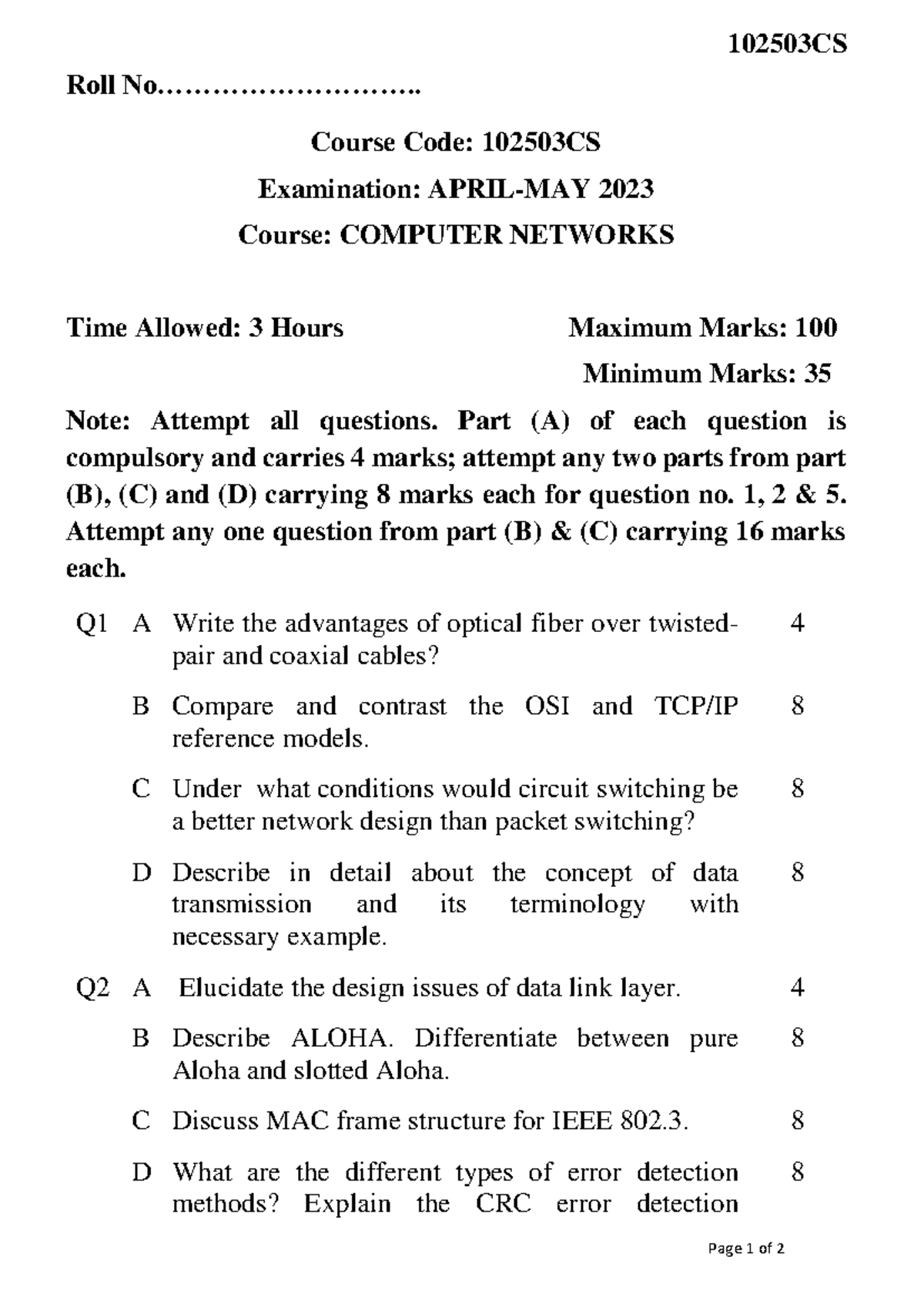 102503CS Computer Networks Final Exam Question Paper 2023 - Studocu