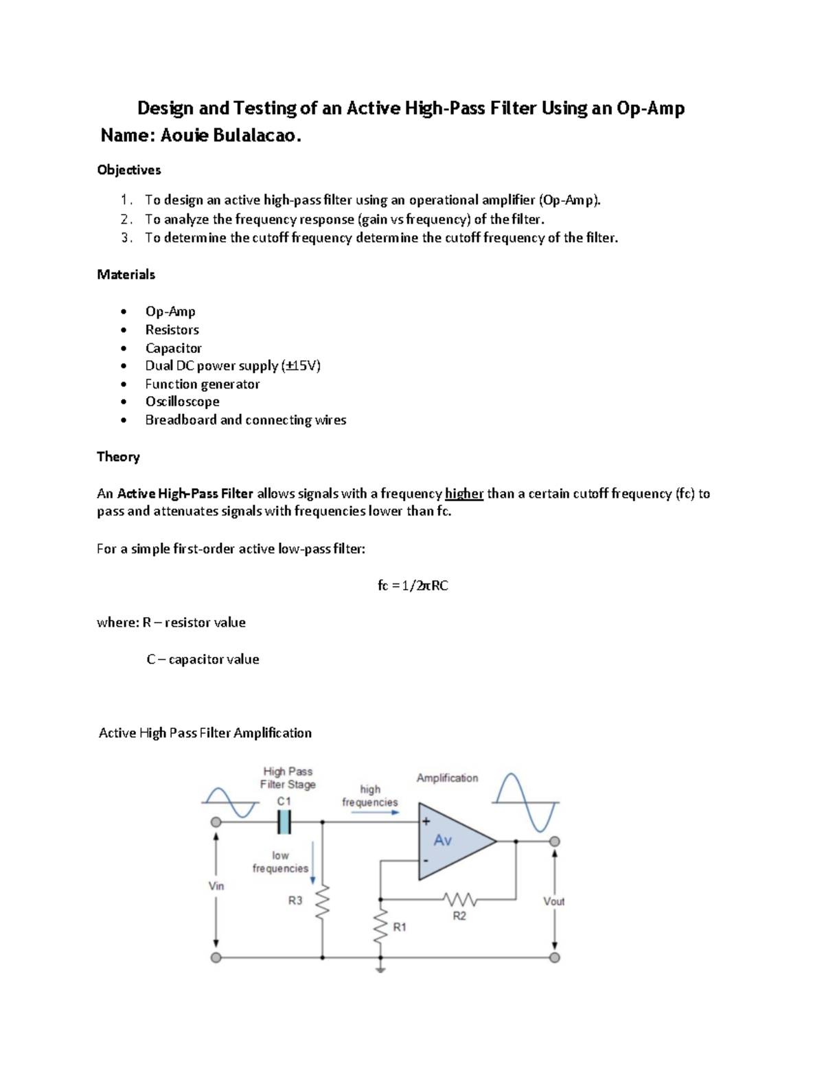 Design and Testing of Active High Pass Filter (EE 101) - Studocu