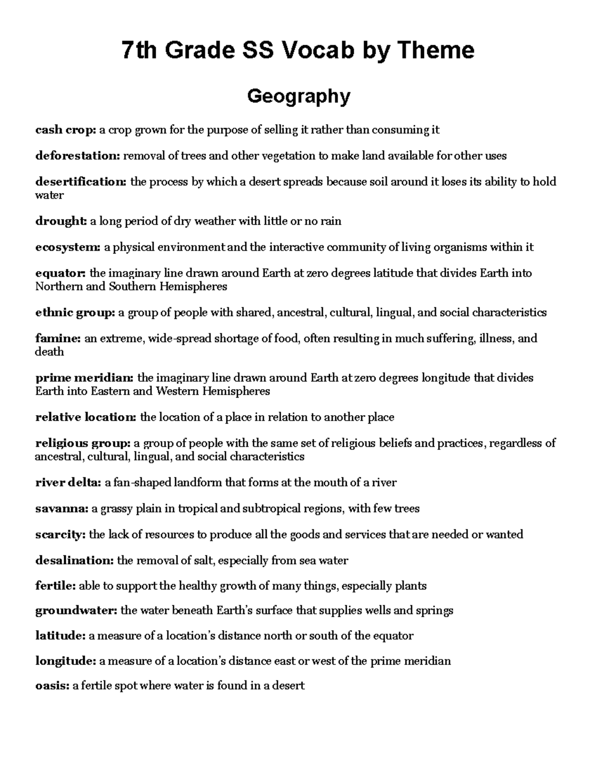 7th Grade SS Vocabulary Terms Organized by Theme: Geo & Gov - Studocu