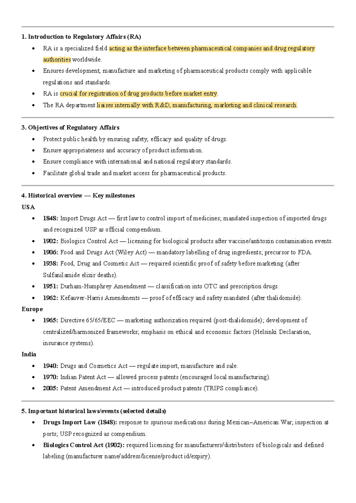 Regulatory Affairs Notes (RA) - Overview and Key Milestones - Studocu