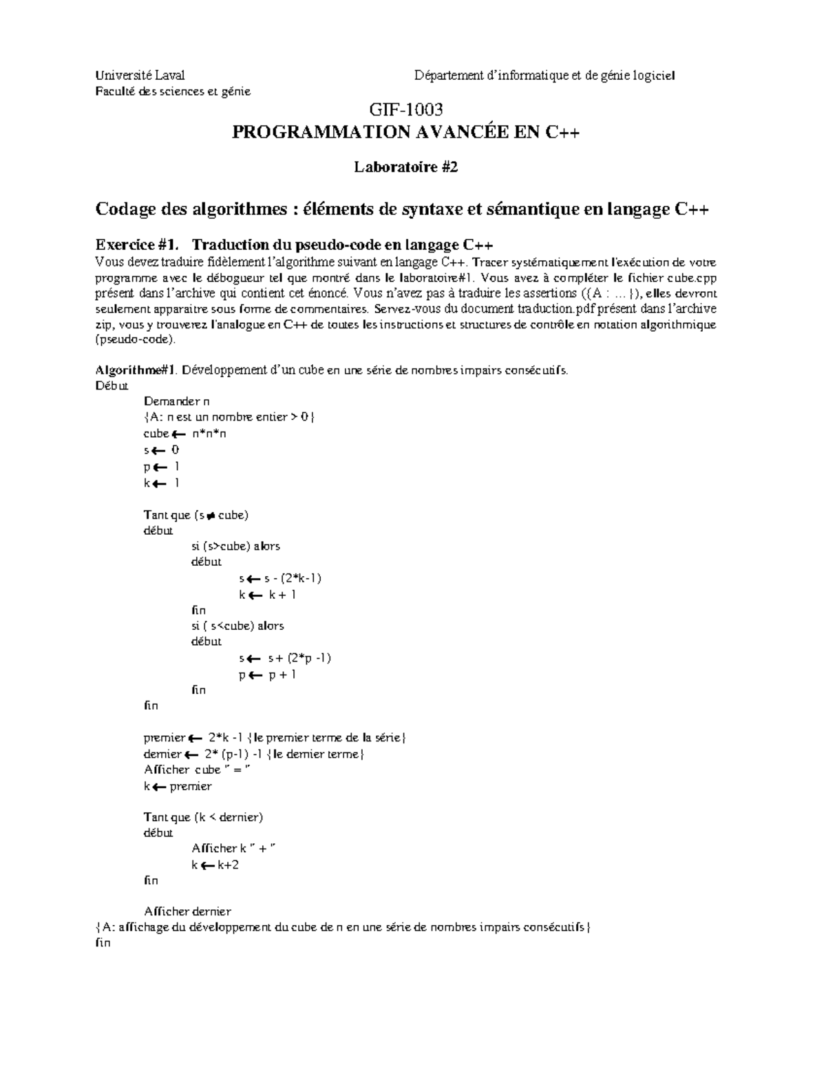 Laboratoire 2 - Codage et Contrôle en C++ - GIF-Programmation - Studocu