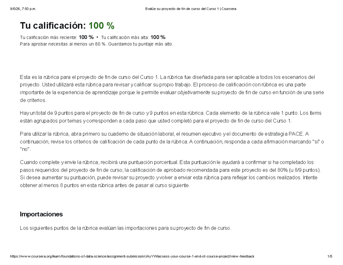 Evaluación del Proyecto Final del Curso 1 de Coursera - Studocu