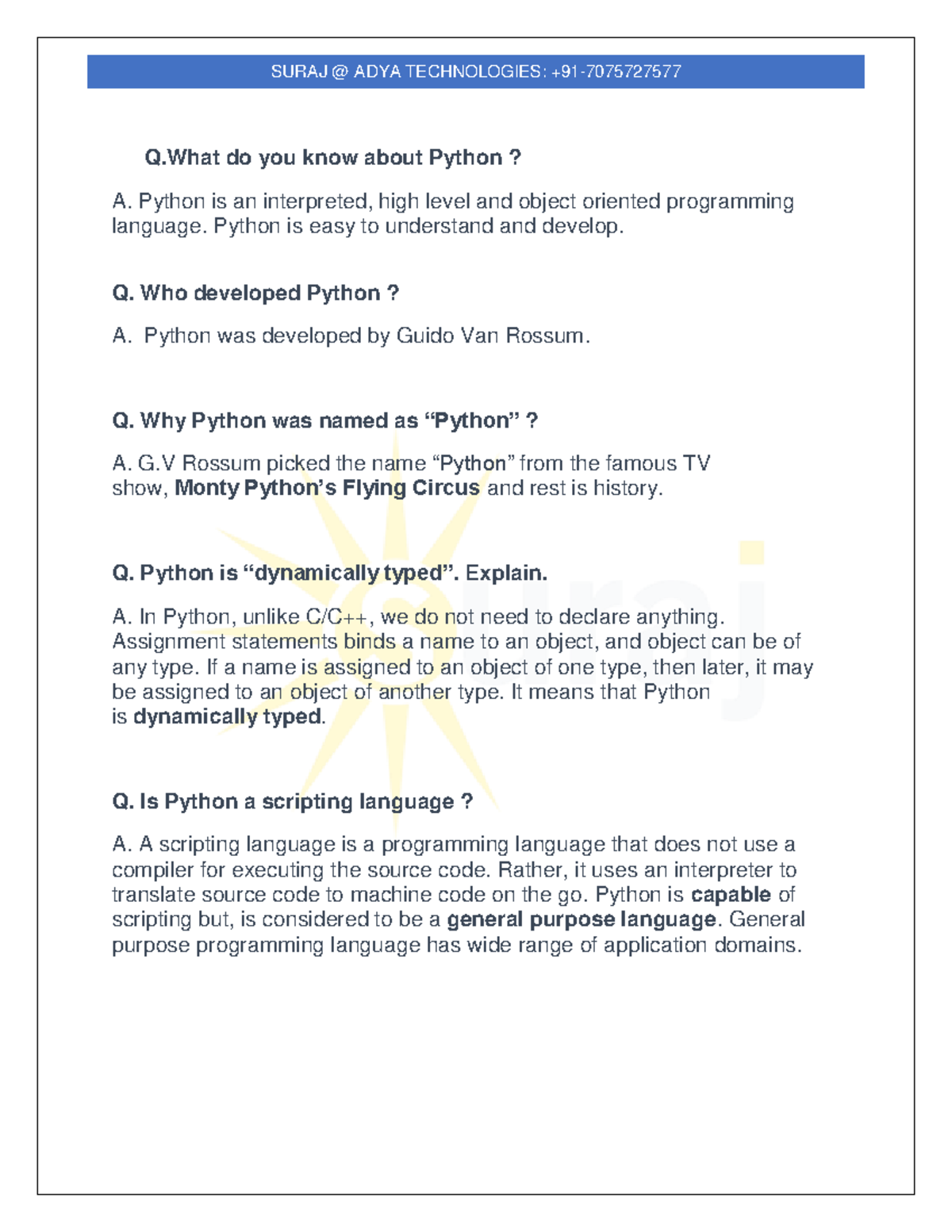 Python Interview Questions: Comprehensive Guide for SURAJ ADYA ...