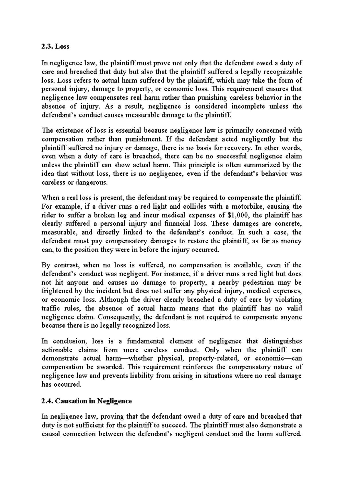 Loss and Causation in Negligence Law: Key Principles in Tort Law - Studocu