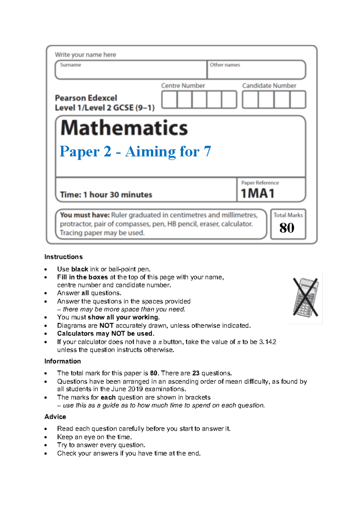 Aiming for 7 (Set 1) Practice Paper 2 - Non-Calculator Edition - Studocu