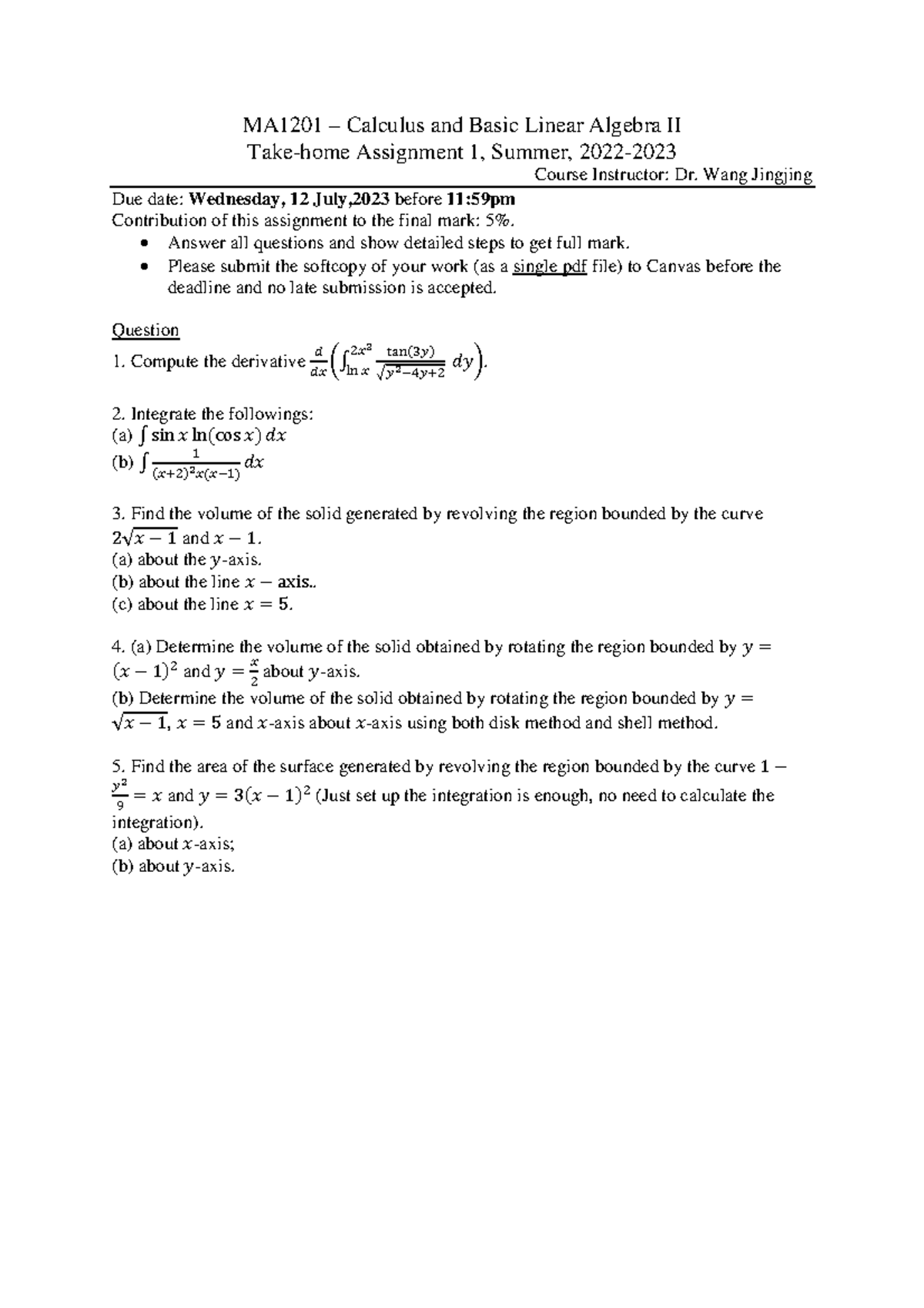 MA1201 Calculus and Basic Linear Algebra II Assignment 1 Solutions ...