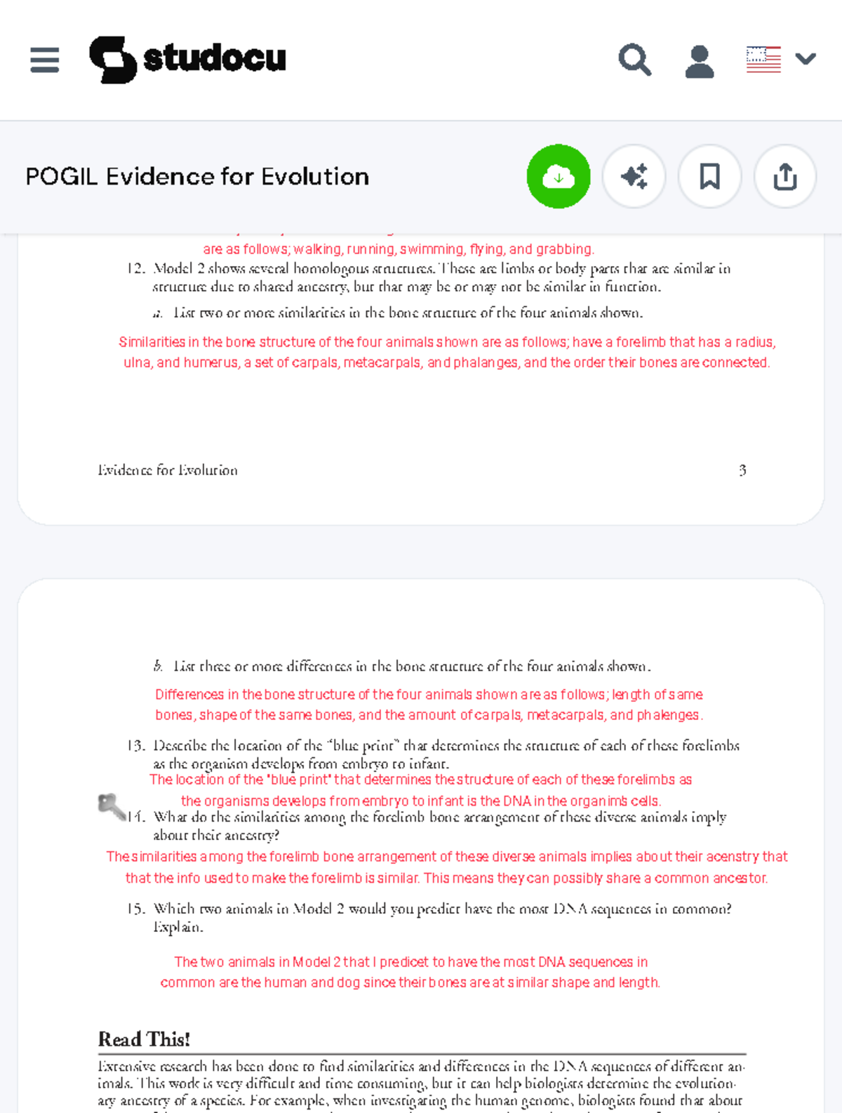 POGIL Evidence for Evolution: Forelimb Structure Comparison - Studocu