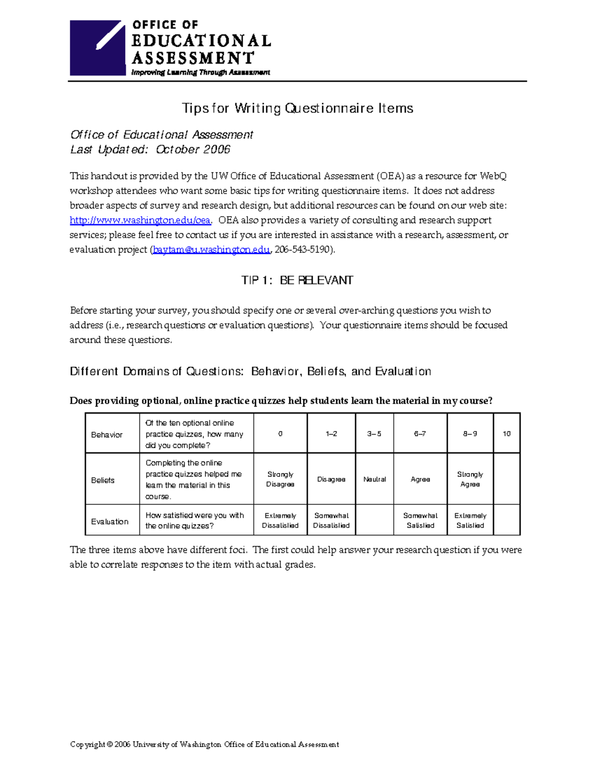 Questionnaires Guidelines - Copyright © 2006 University of Washington ...