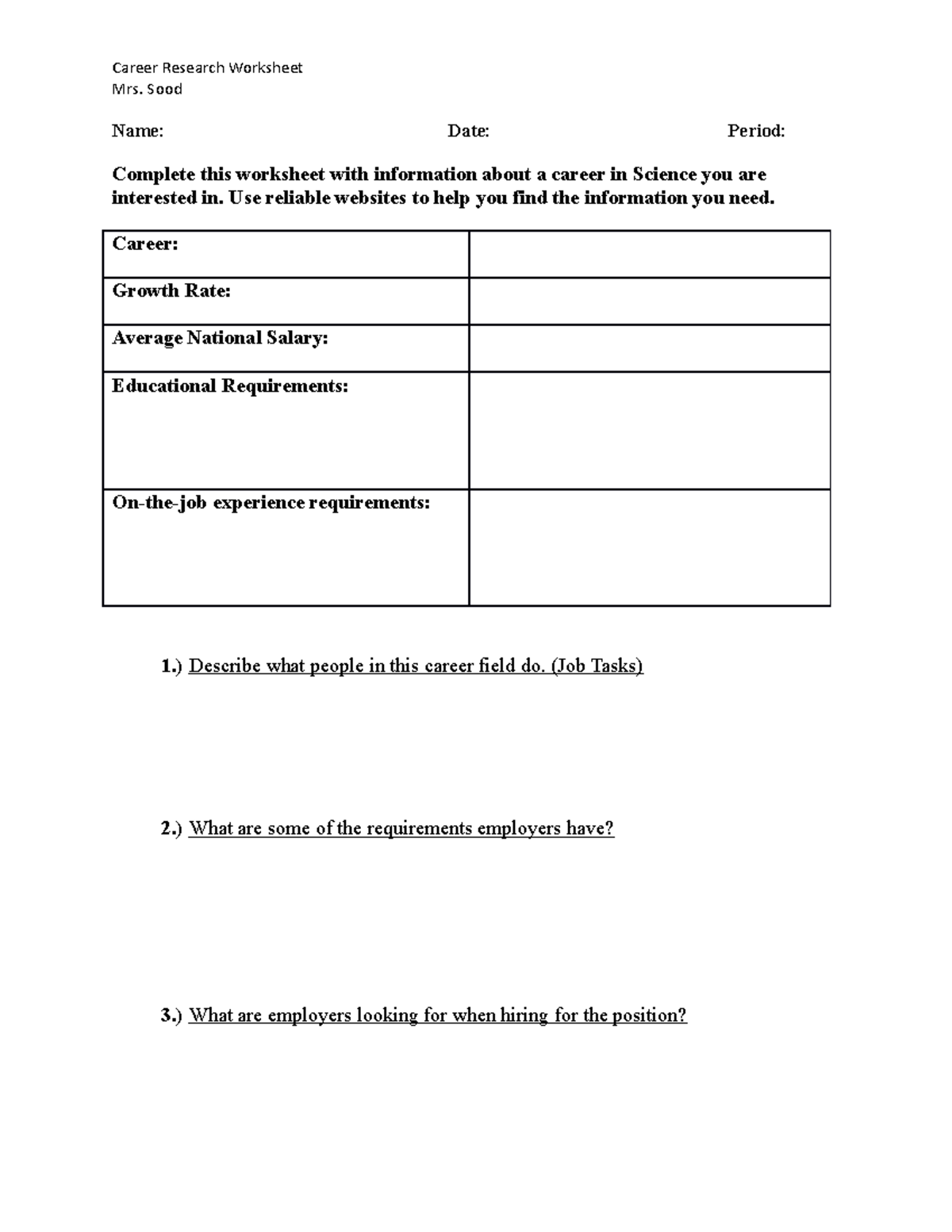 Career Research Worksheet - Sood Name: Date: Period: Complete this 