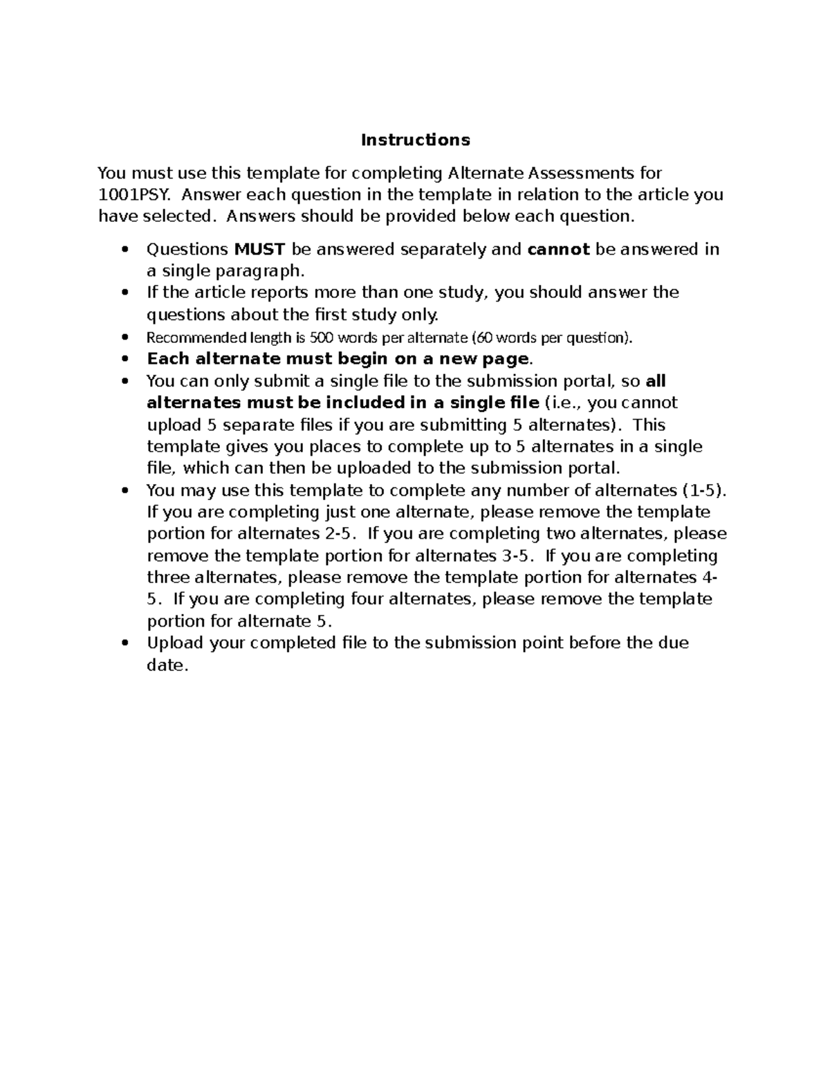 Alternate Assessment Template for 1001PSY - Studocu