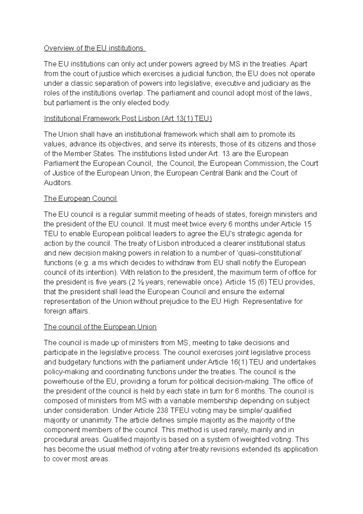 History of the EU - Summarised Lecture notes - Overview of the EU ...