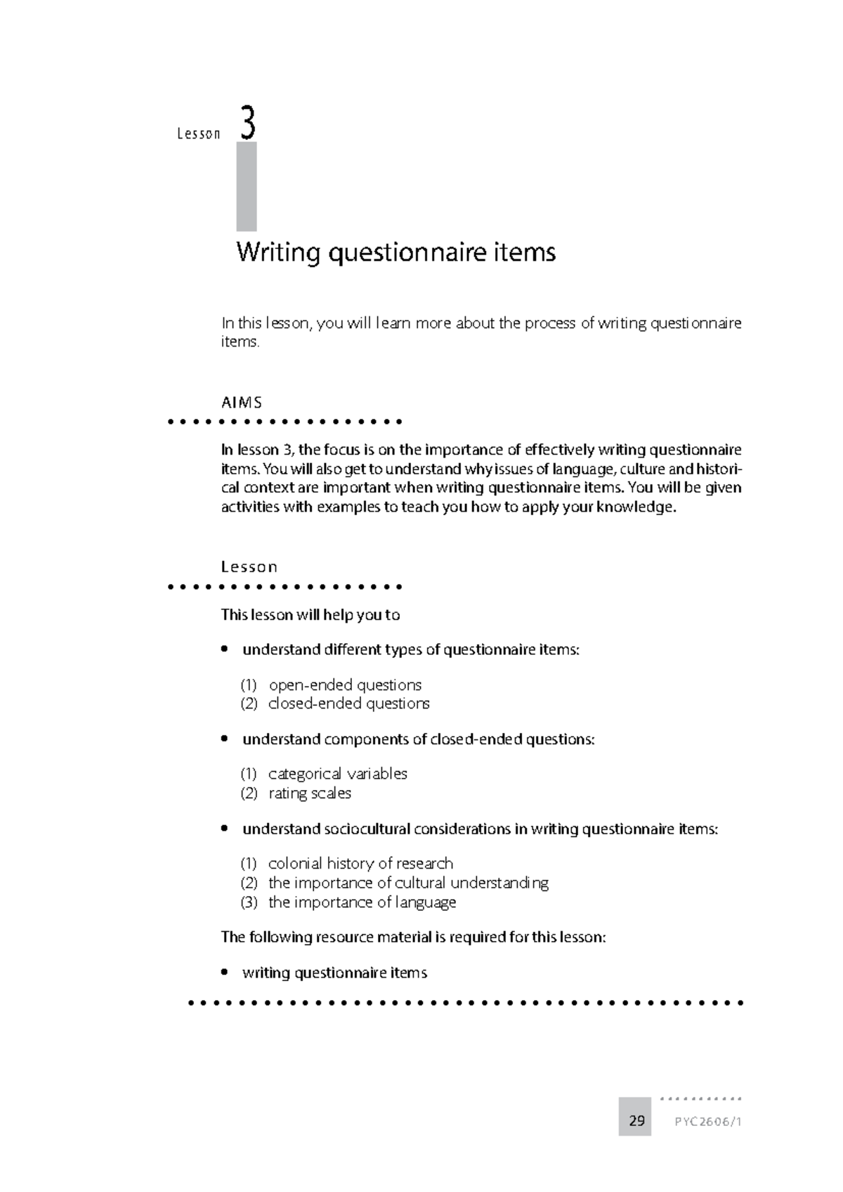 Lesson 3 Writing questionnaire items - ........... 29 PYC2606/ 3 Lesson ...