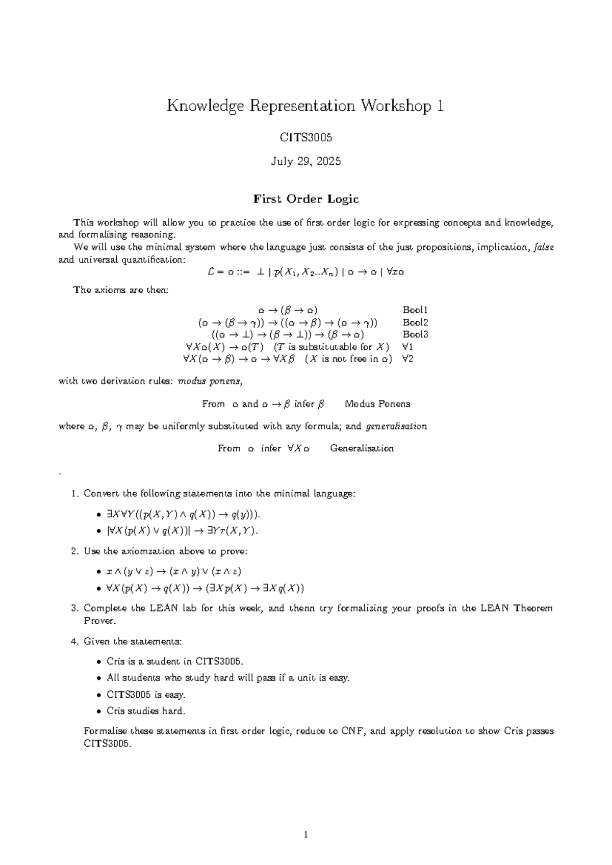 CITS3005 Workshop: First Order Logic Practice and Exercises - Studocu