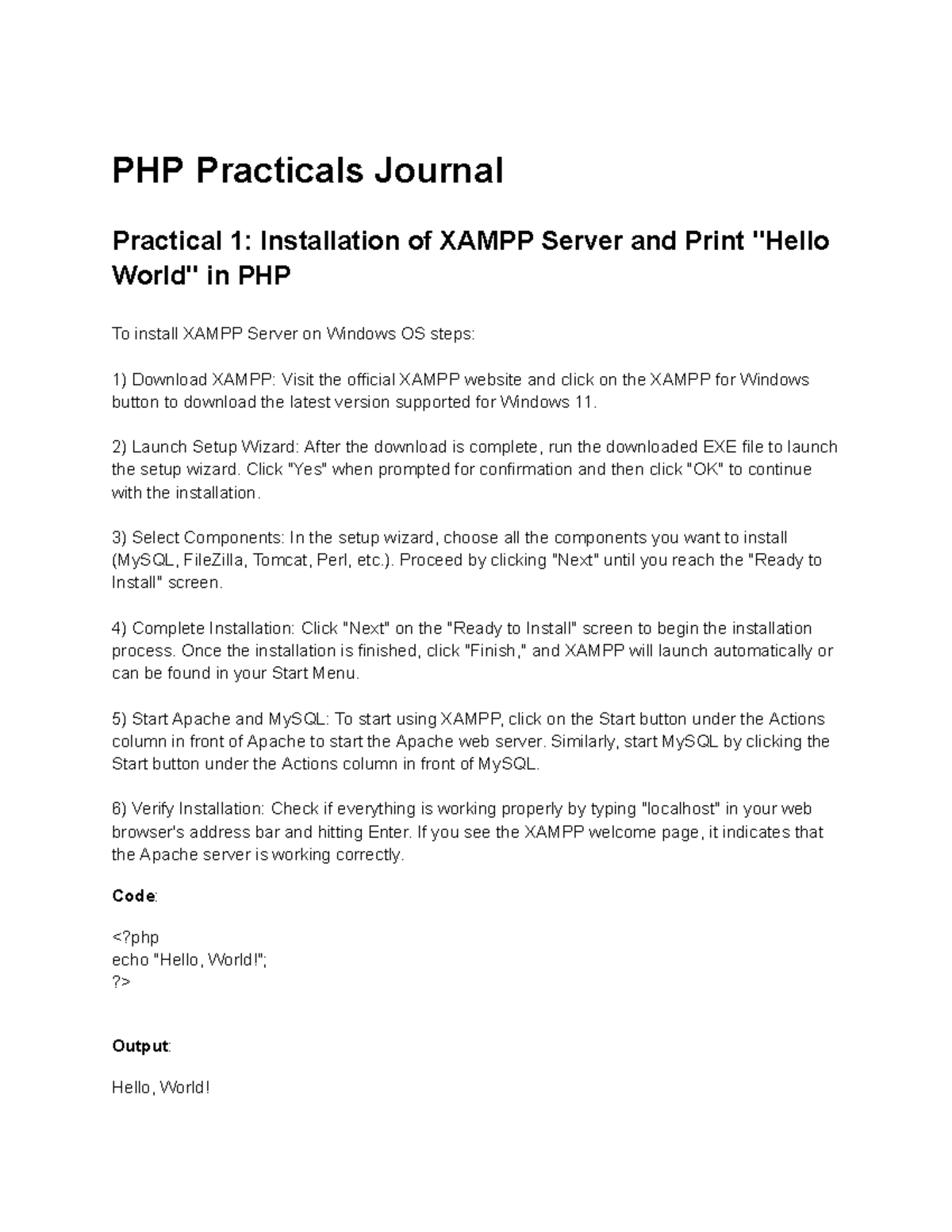 PHP Practicals Journal: XAMPP Installation & Basic PHP Programs - Studocu