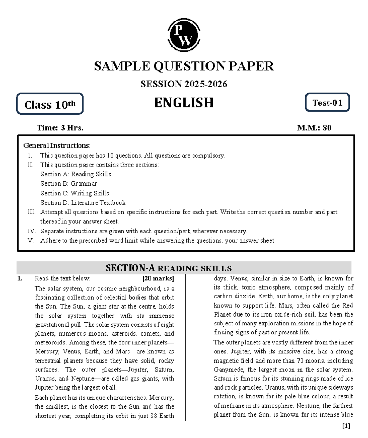 Class 10th English Sample Question Paper - EBE ENG4 Practice - Studocu