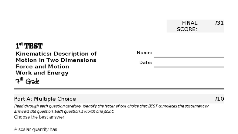 FINAL EXAM: 7th Grade Kinematics Test on Motion and Forces - Studocu