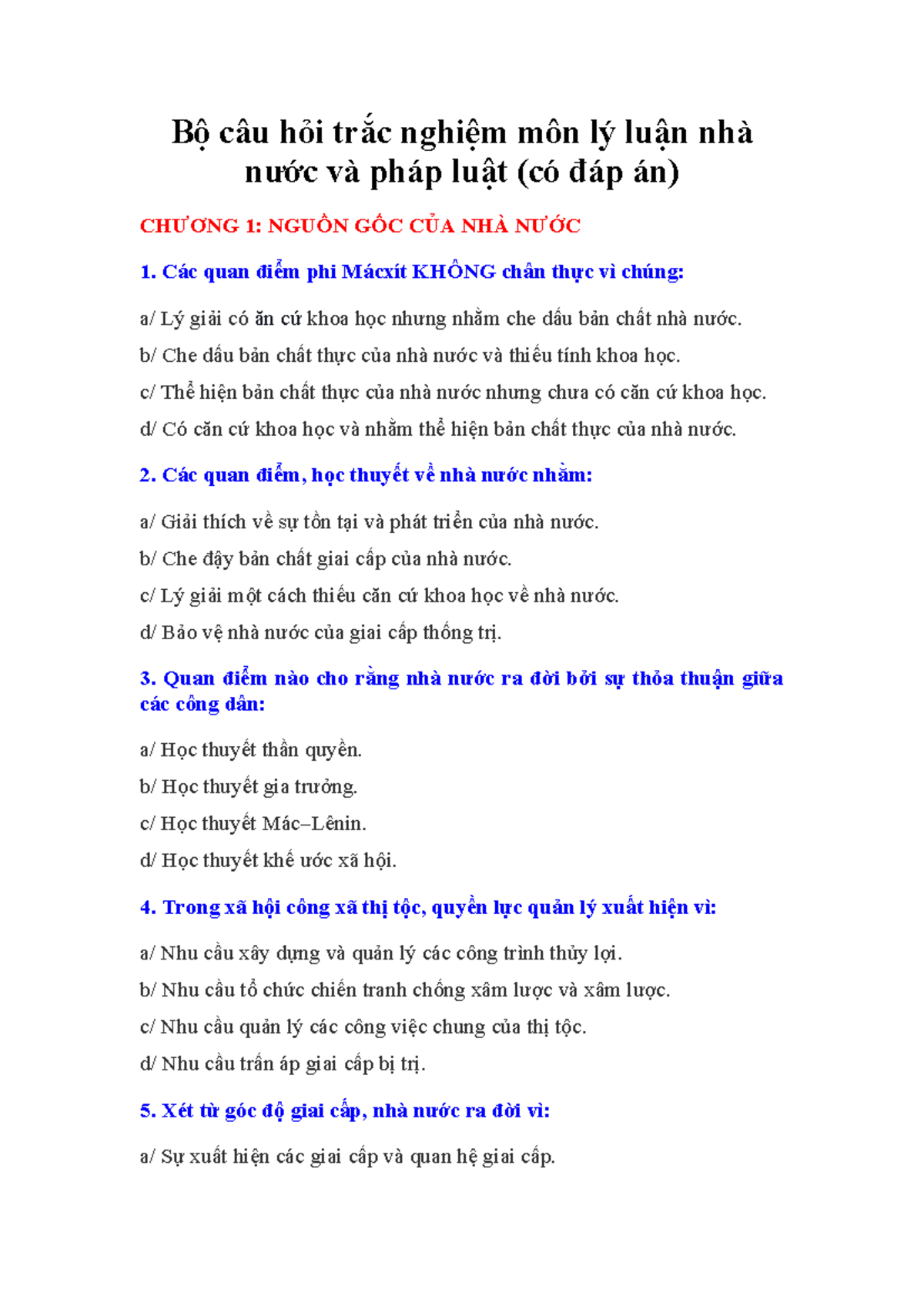 Bộ câu hỏi trắc nghiệm môn Lý luận nhà nước và pháp luật - Chương 1 đến 6 - Document Preview