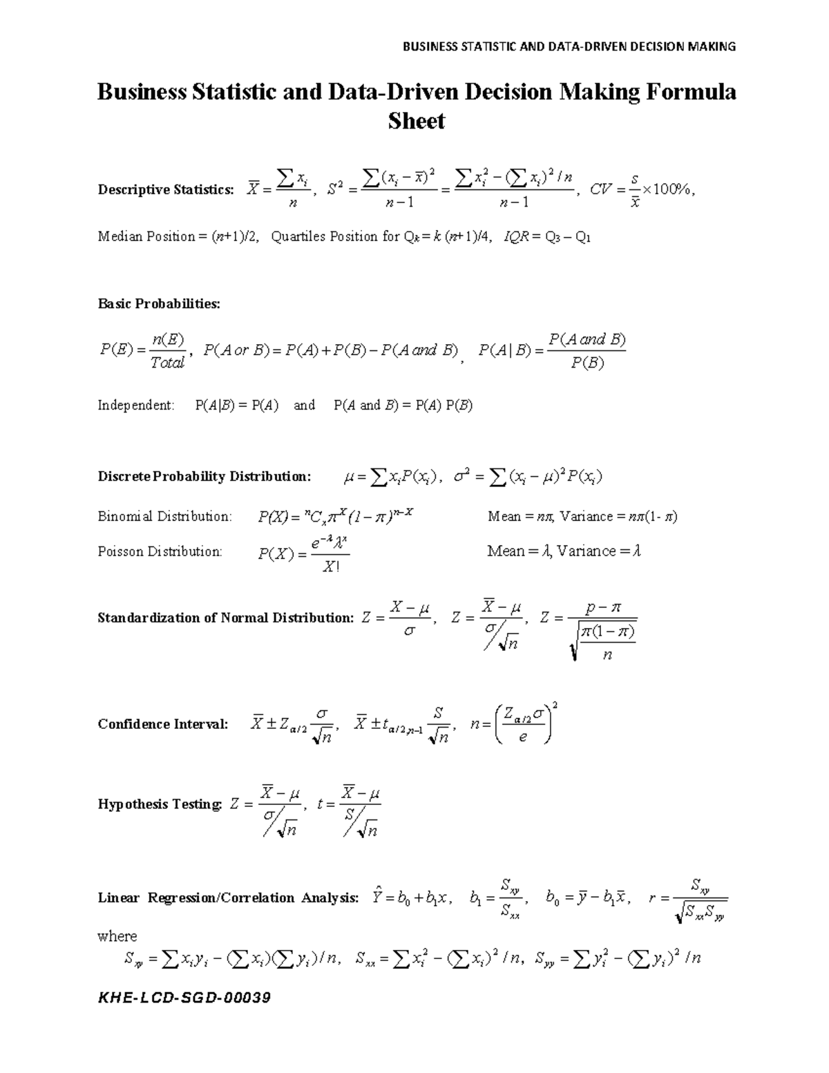 Business Statistics & Data-Driven Decision Making Formulas - Studocu