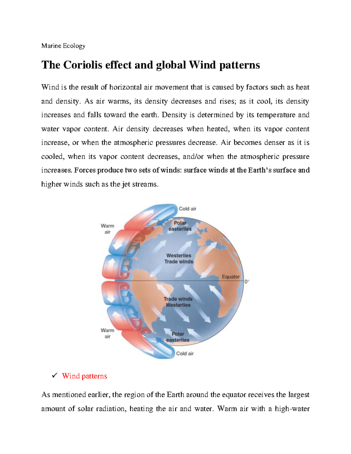 The Coriolis Effect & Global Wind Patterns in Marine Ecology - Studocu
