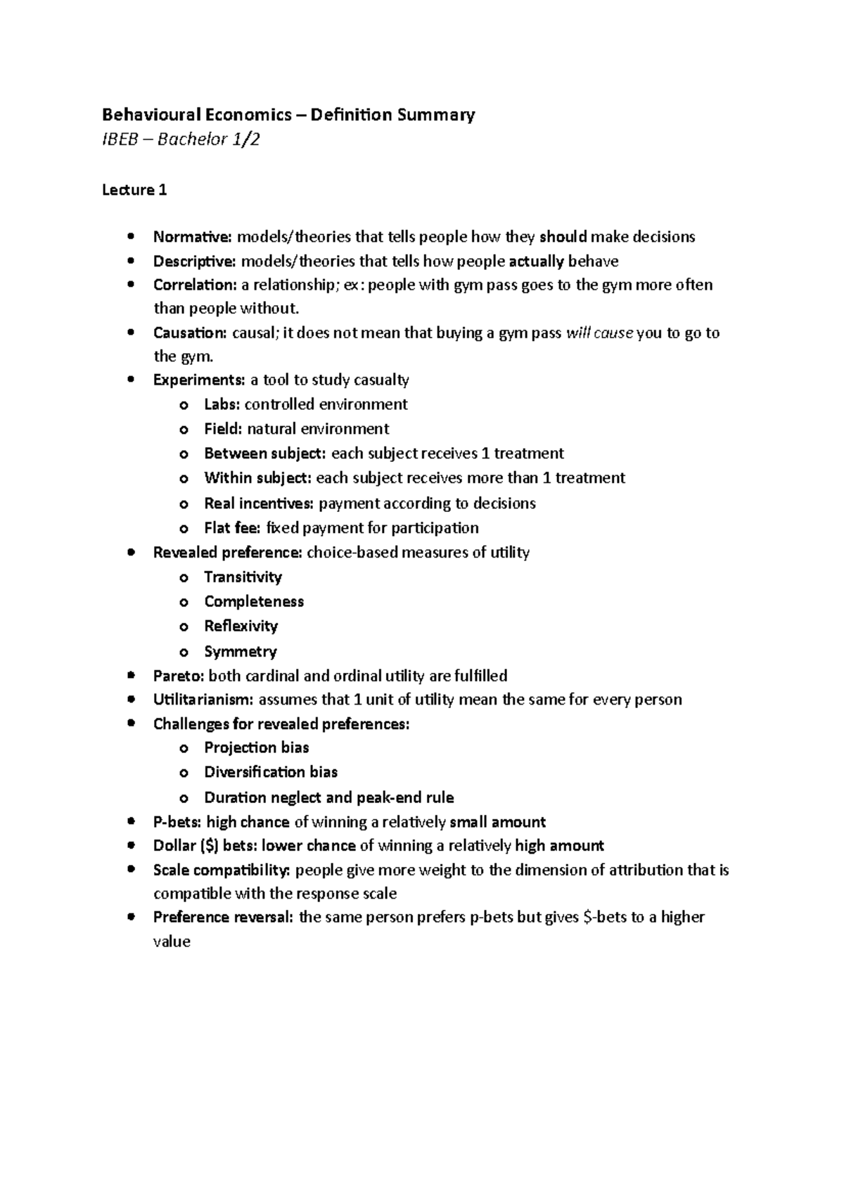 IBEB 1/ Behavioral Economics: Lecture Summary and Key Concepts ...