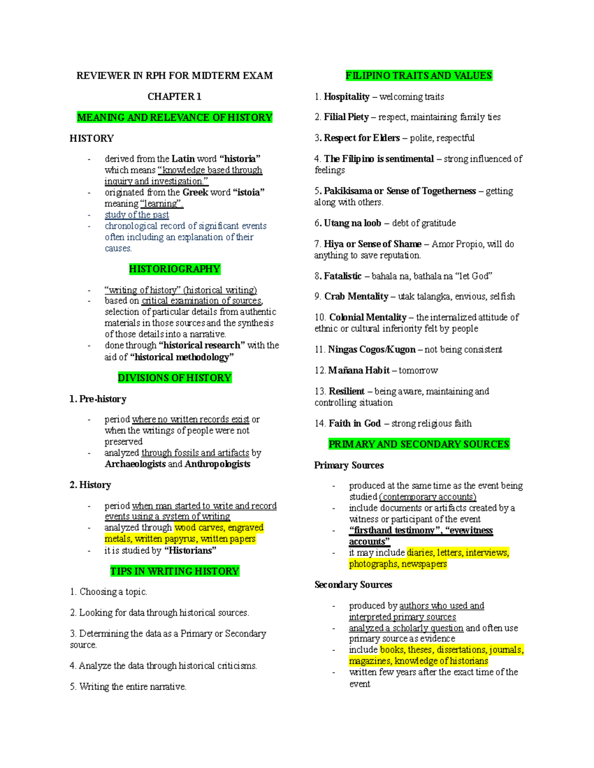 RPH Midterm Exam Reviewer: Key Concepts in History and Filipino Values ...