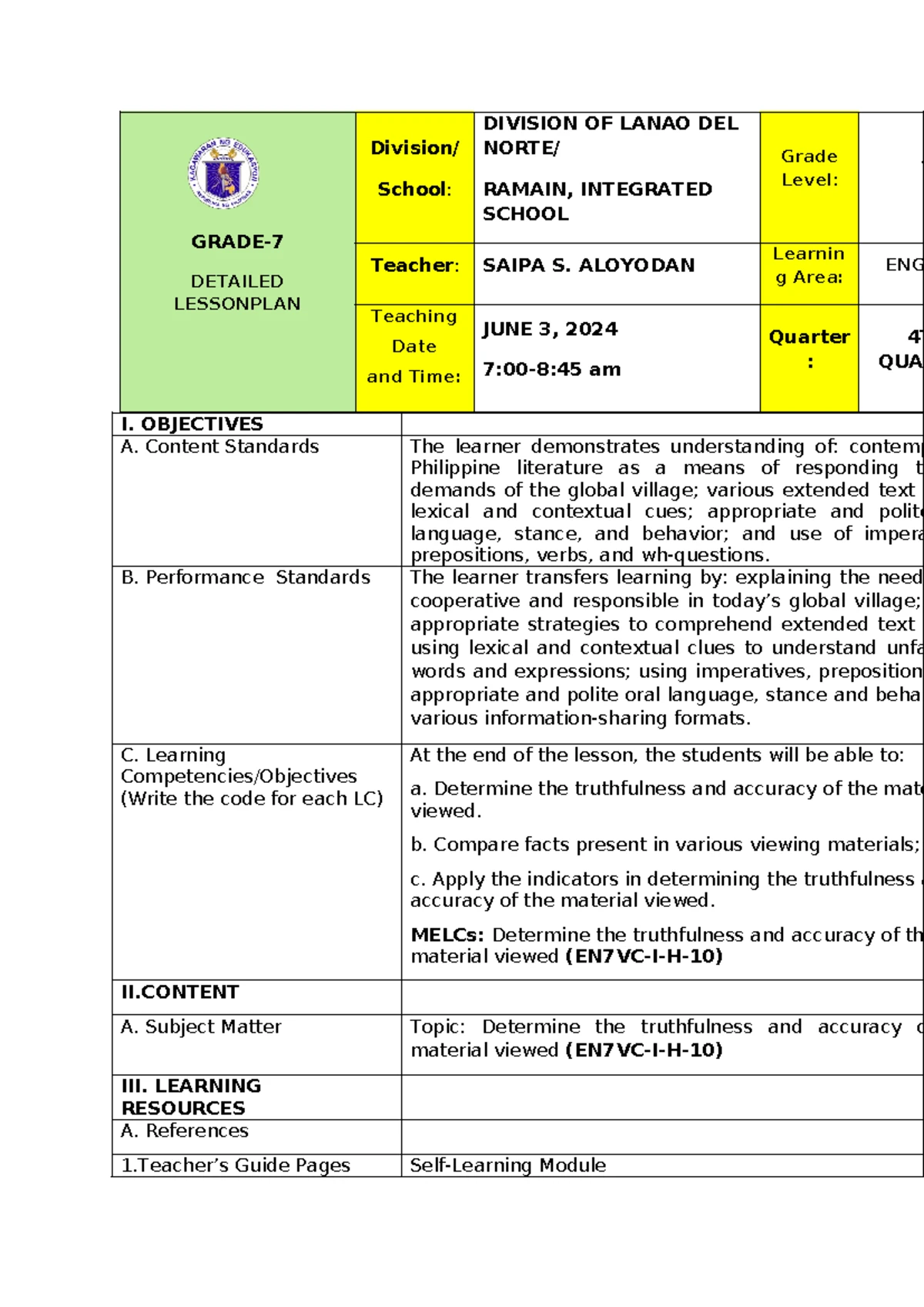 COT-1 Reading and Writing Lesson Plan for Grade 11 Students - Studocu