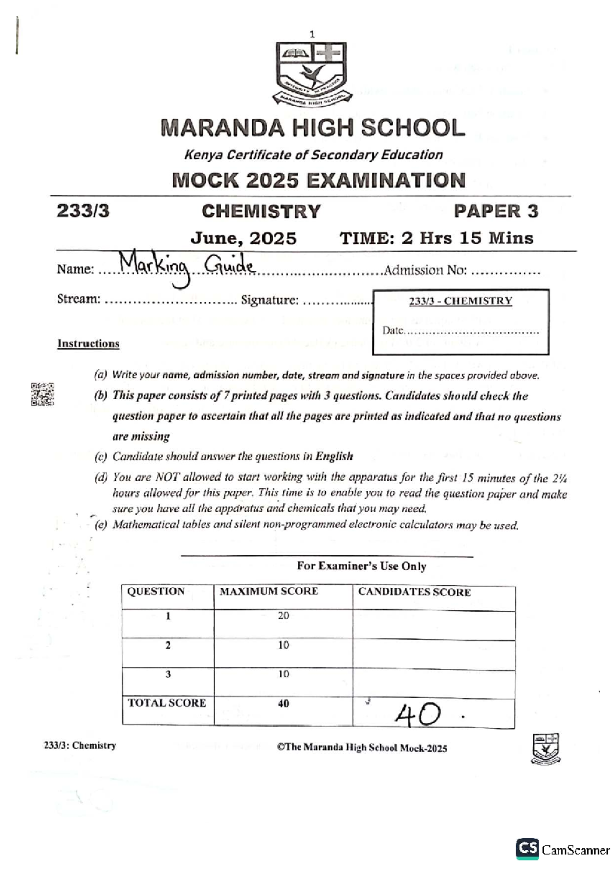 Chemistry Mock Exam Paper 3 - Maranda High School CS 2025 - Studocu