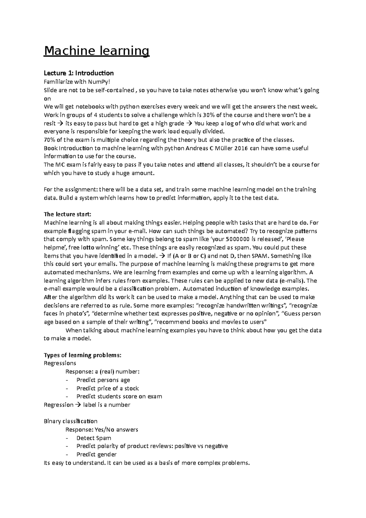 Lecture Notes on Machine Learning (Course Code: ML101) - Studeersnel