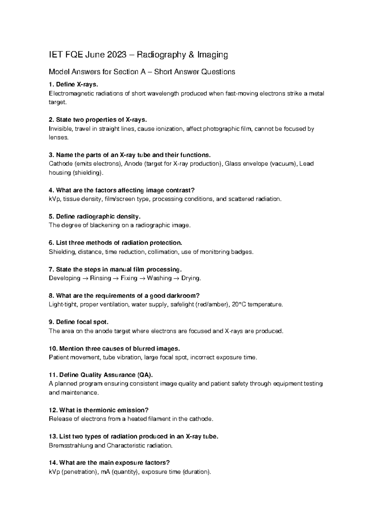 IET FQE June 2023 Radiography Section A Model Answers - Studocu
