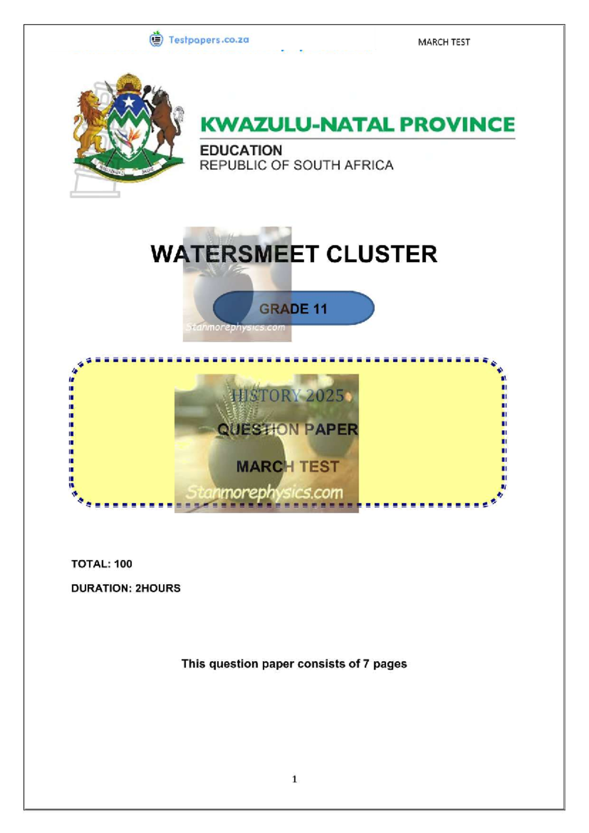 KZN History Grade 11 March 2025 Test Paper and Memo - Studocu