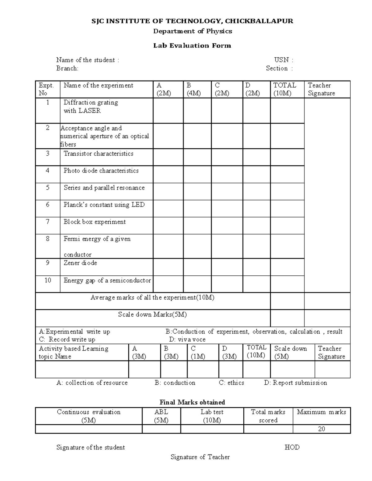 SJC INSTITUTE OF TECHNOLOGY PHYSICS Lab Evaluation Form - Studocu