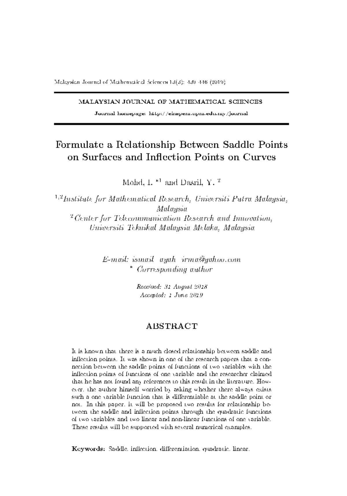 Formulate a Relationship Between Saddle Points on Surfaces and ...