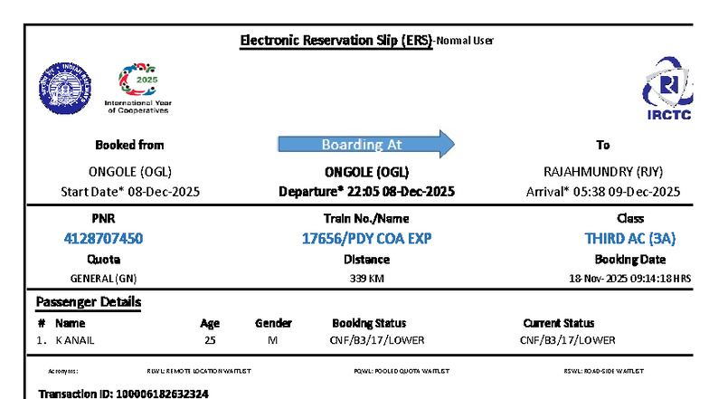 Electronic Reservation Slip for Train 4128707450 - OGL to RJY - Studocu