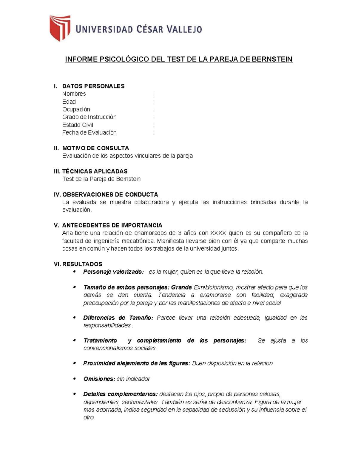 Informe Psicológico del Test de la Pareja de Bernstein - Caso Ana - Studocu