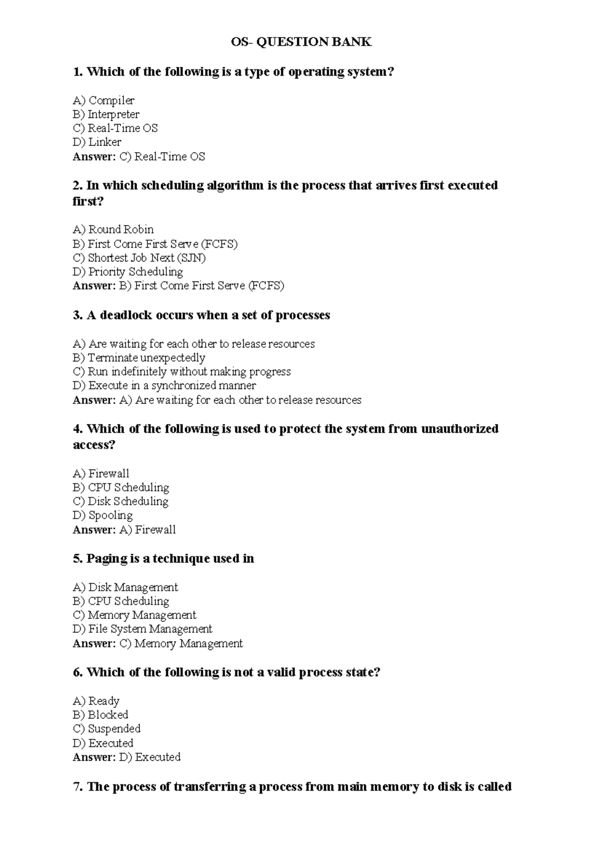 OS QUN BANK - Objective Type Questions for Operating Systems - Studocu