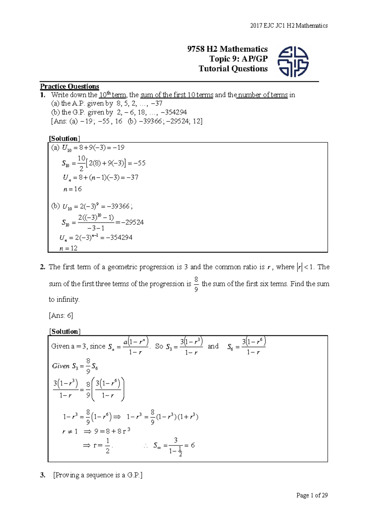 2017 EJC JC1 H2 Mathematics Topic 9: AP and GP Tutorial Solutions - Studocu