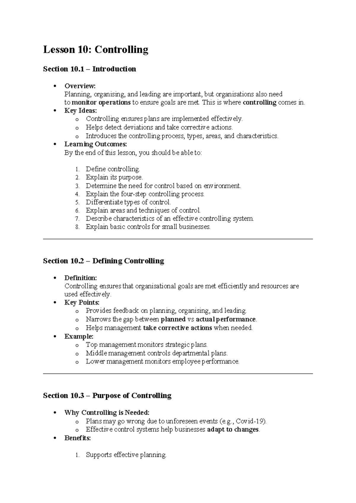 Lesson 10: Controlling - Overview and Key Concepts - Studocu